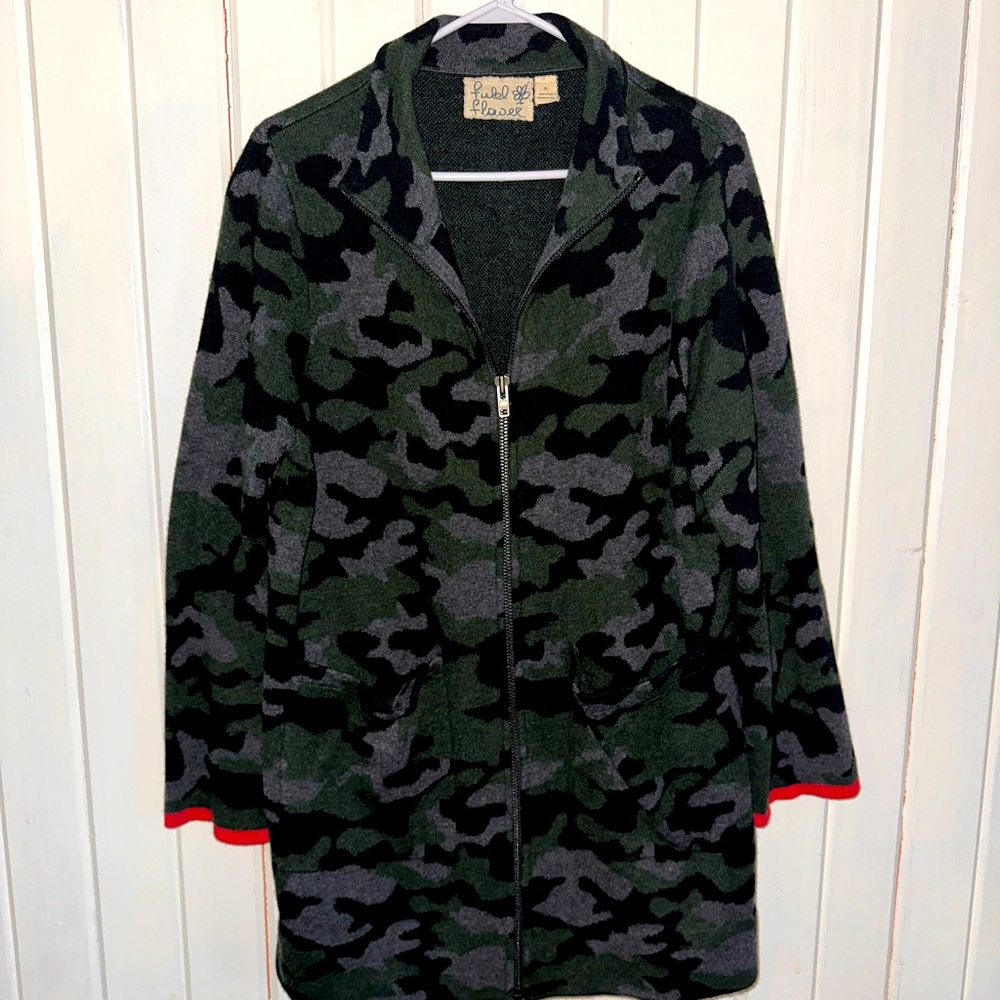 Anthropologie Green & Black Camouflage Zip Front Coat